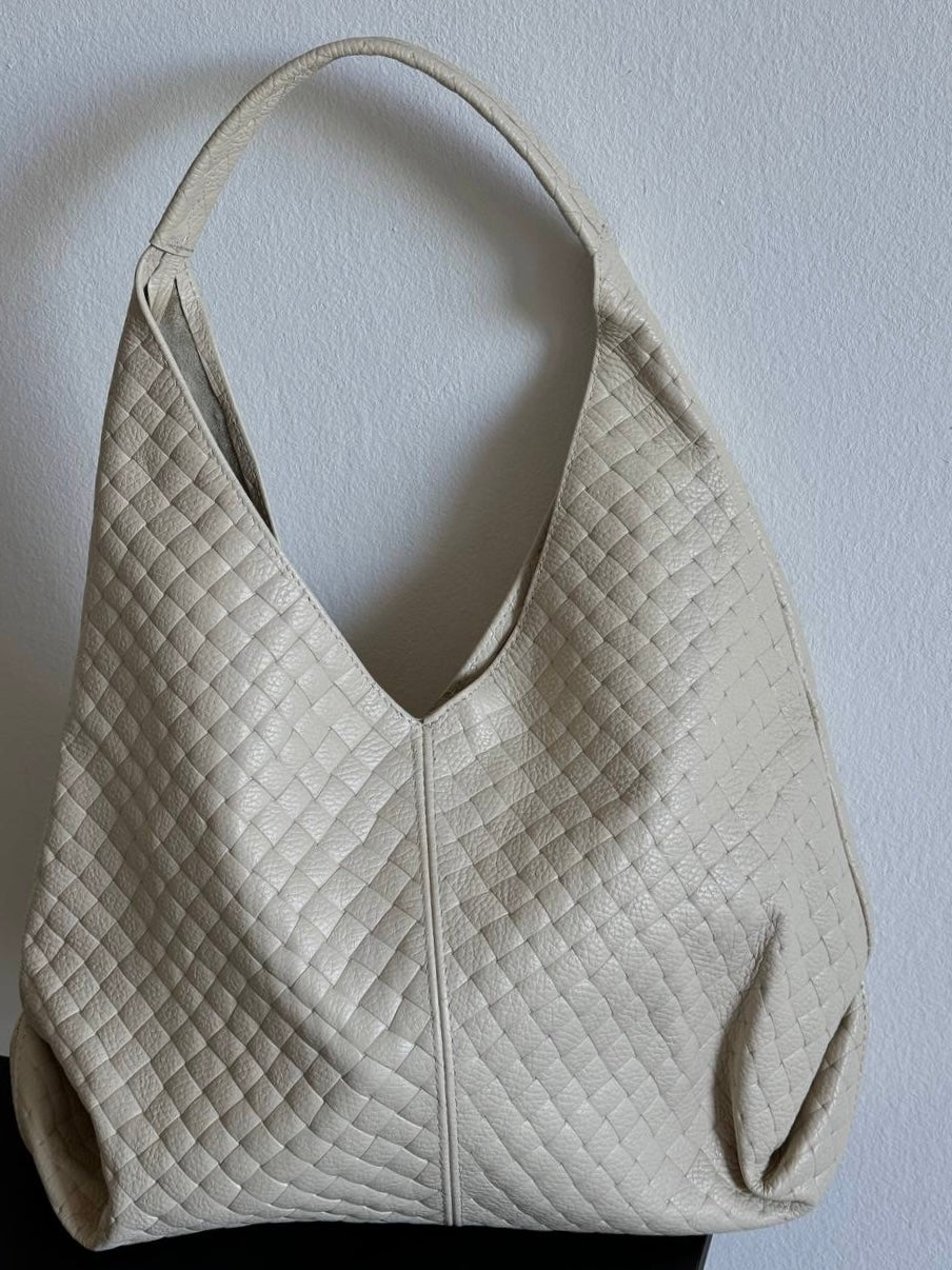 Shopper z plecionej skóry naturalnej z kosmetyczką – Made in Italy