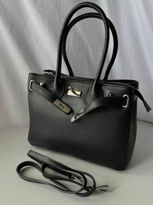 Elegancka czarna shopper torebka z naturalnej skóry, Włochy