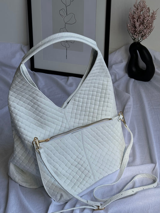 Shopper z plecionej skóry naturalnej z kosmetyczką – Made in Italy