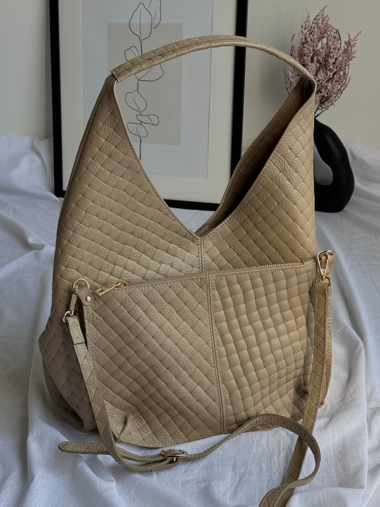 Shopper z plecionej skóry naturalnej z kosmetyczką – Made in Italy