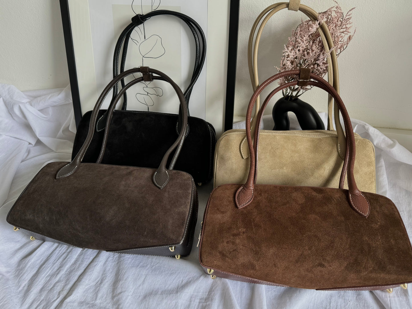 Italian baguette bag made of natural suede in a fashionable color