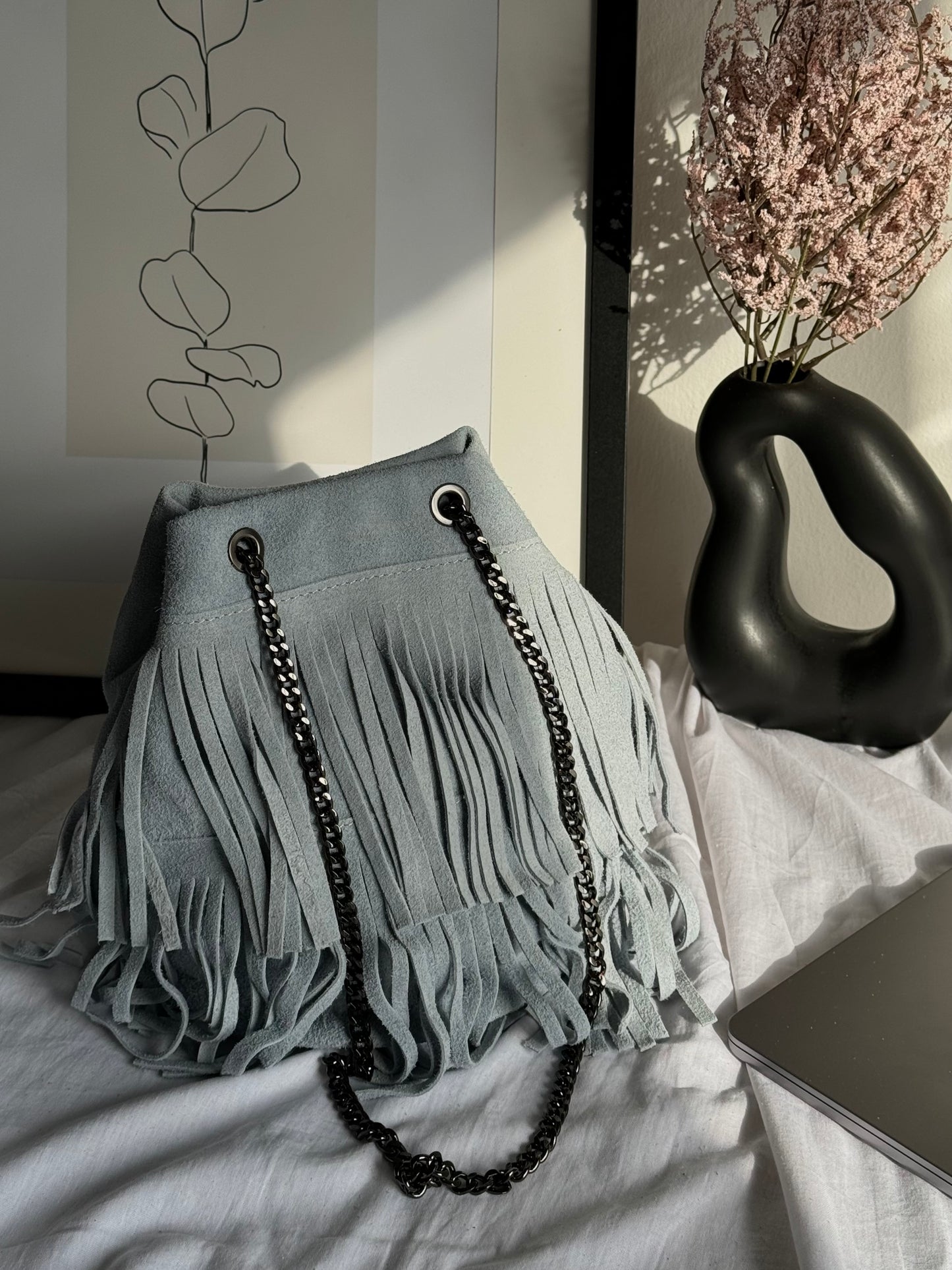 Natural suede hobo bag with fringes, Italy