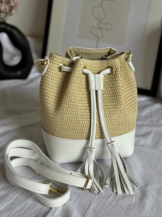 Torebka koszykowa ze słomy i skóry naturalnej, wyprodukowana we Włoszech