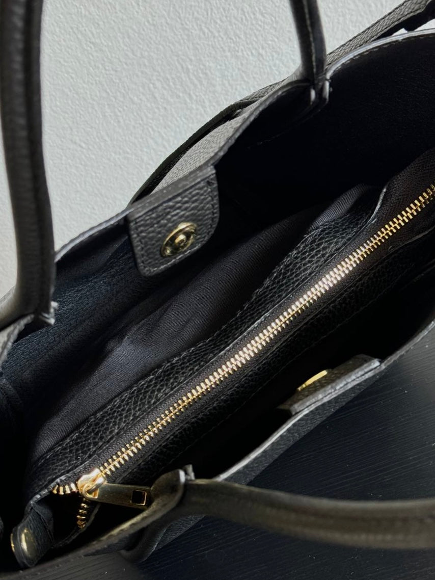 Luksusowa włoska torebka Tote skórzana – klasyczna czerń, shopper 100% skóra naturalna