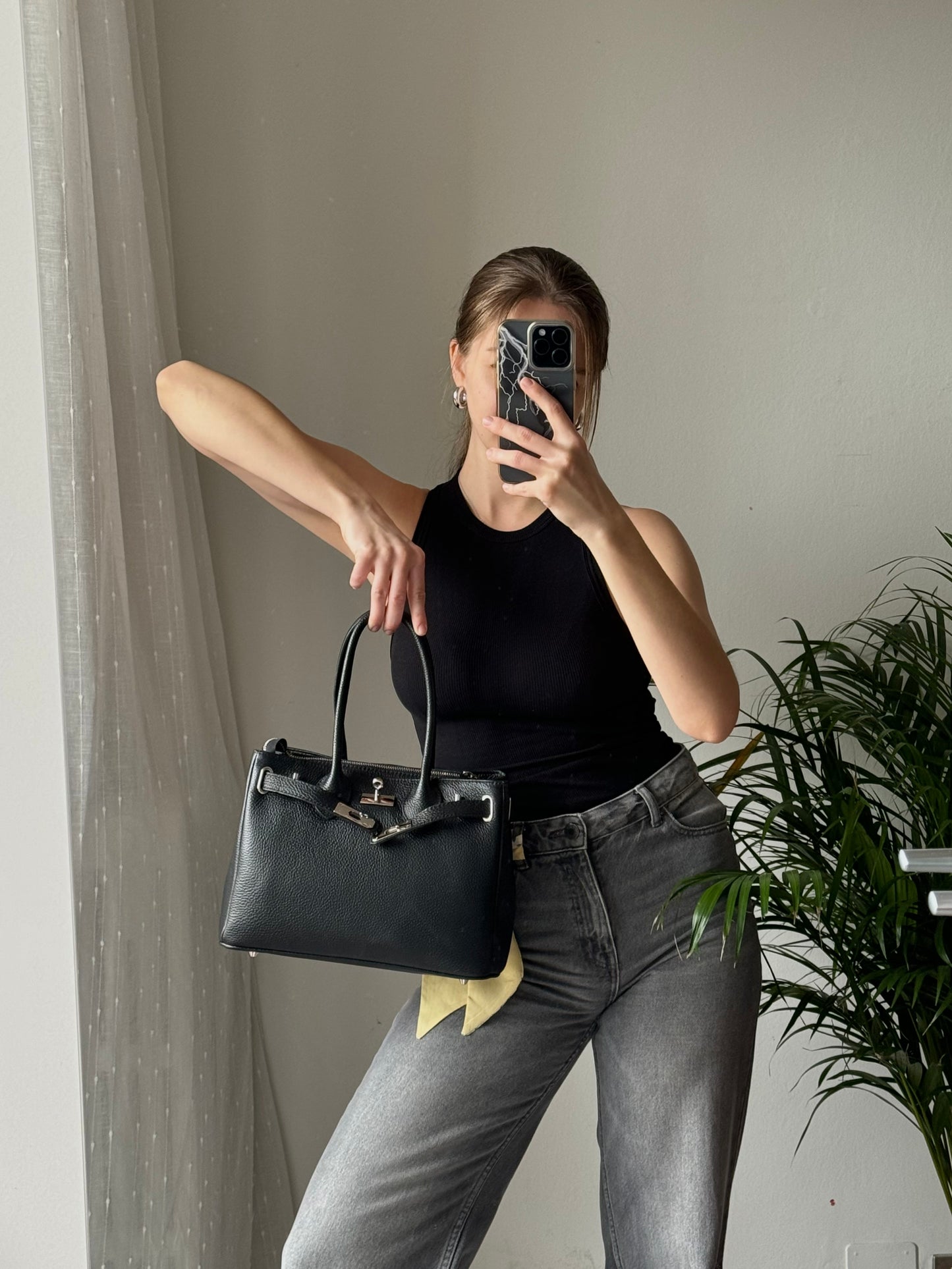 Elegancka czarna shopper torebka z naturalnej skóry, Włochy