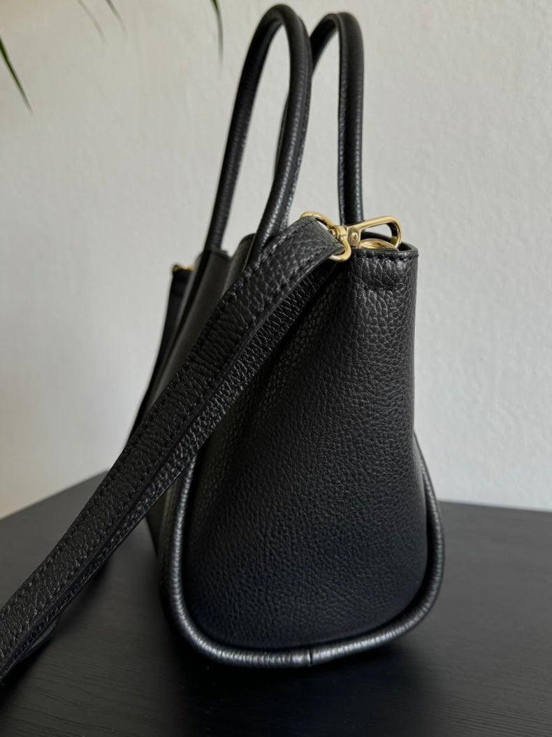 Luksusowa włoska torebka Tote skórzana – klasyczna czerń, shopper 100% skóra naturalna
