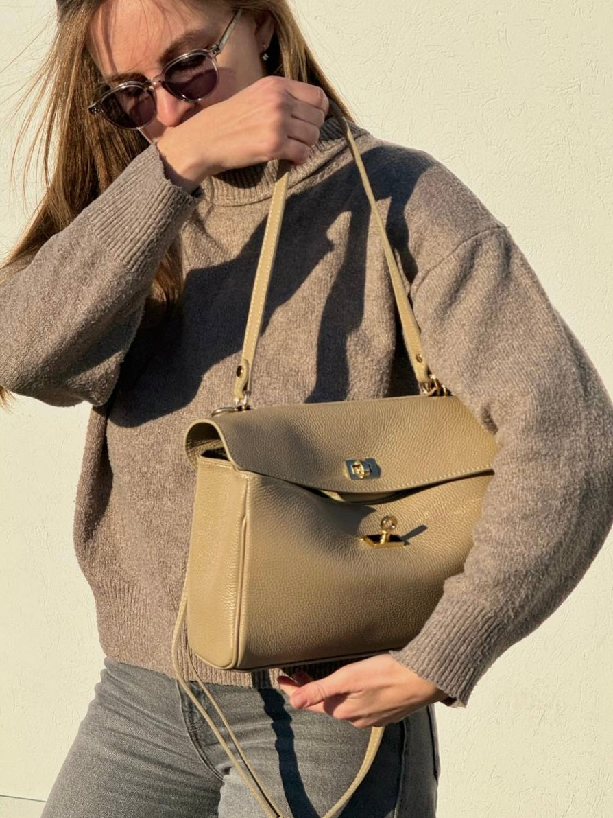 Klasyczna włoska torebka ze skóry – beżowa Satchel torba Shopper