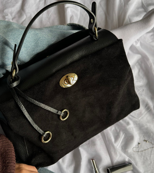 Damska czarna torebka ze skóry naturalnej i zamszu – Made in Italy