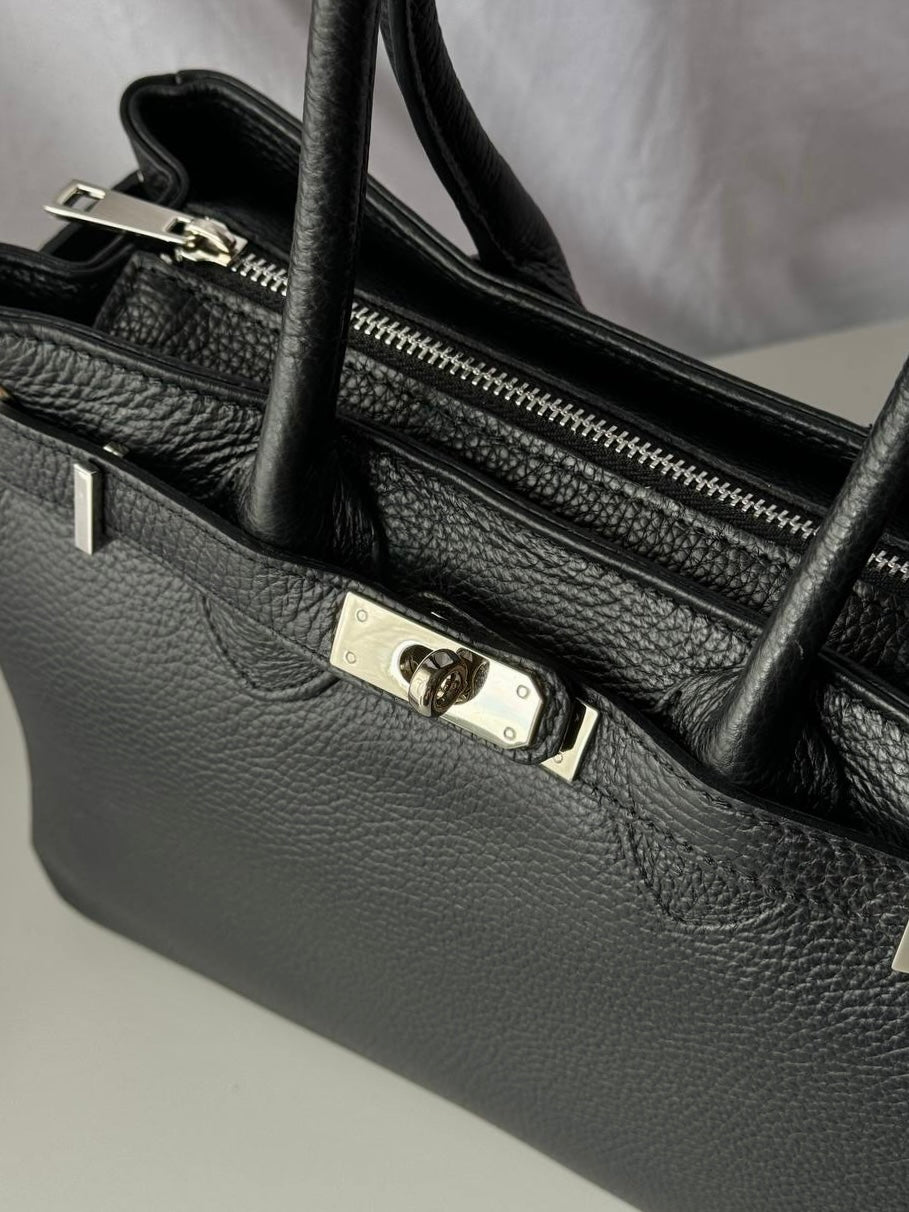 Elegancka czarna shopper torebka z naturalnej skóry, Włochy
