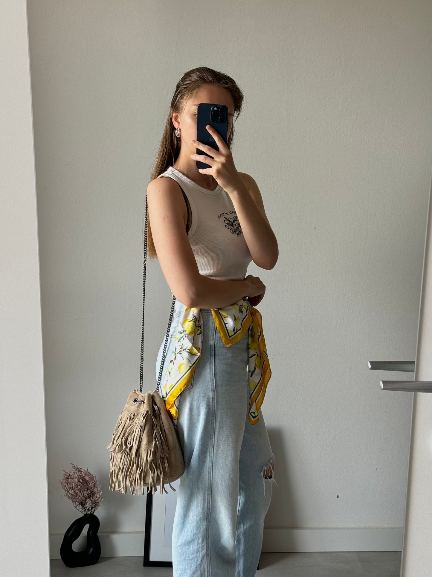 Natural suede hobo bag with fringes, Italy