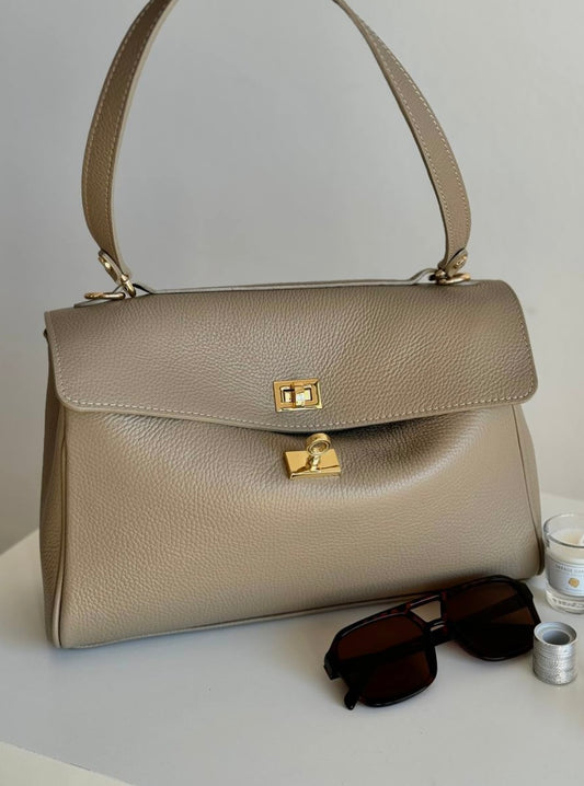 Klasyczna włoska torebka ze skóry – beżowa Satchel torba Shopper