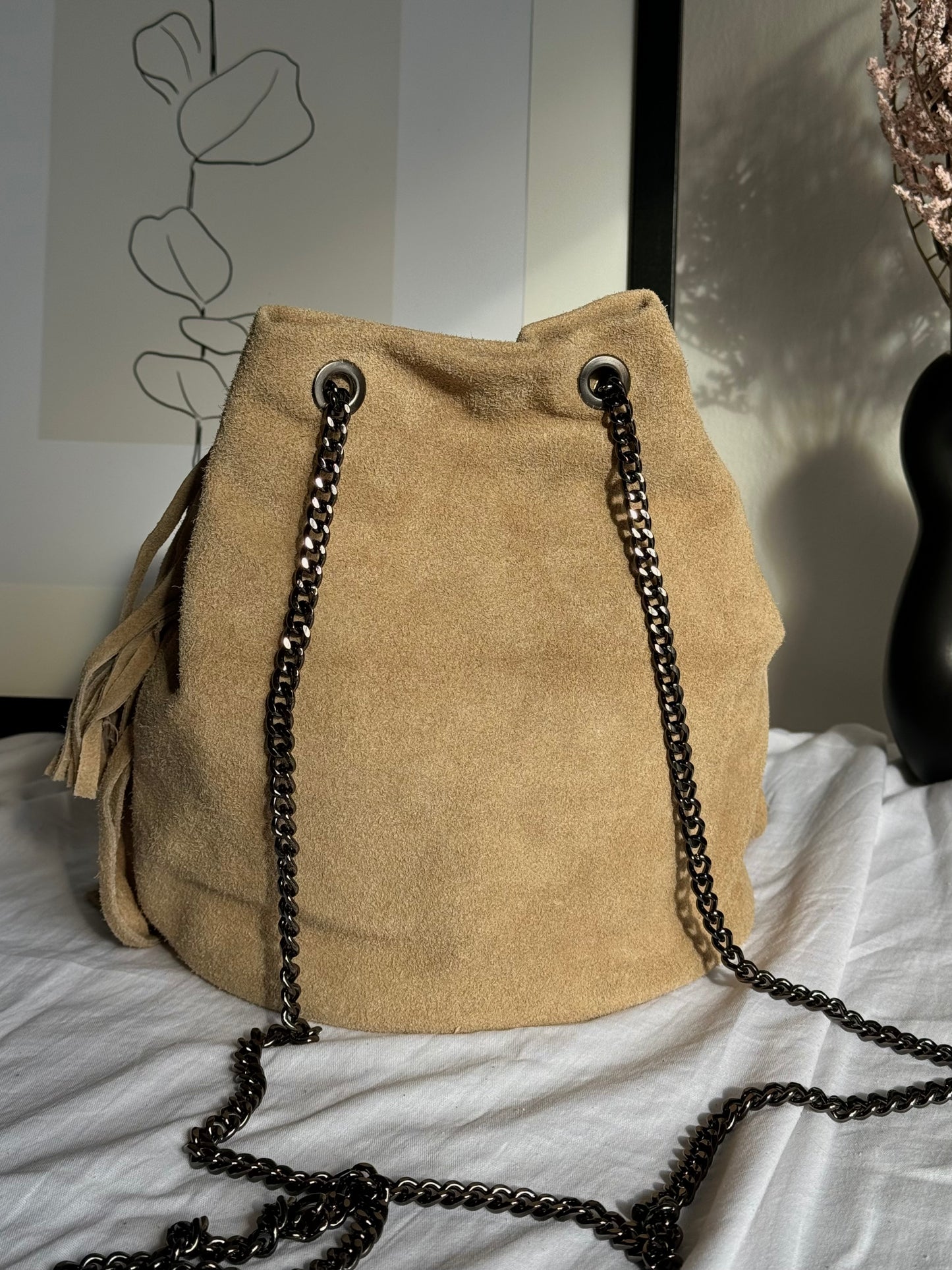 Natural suede hobo bag with fringes, Italy