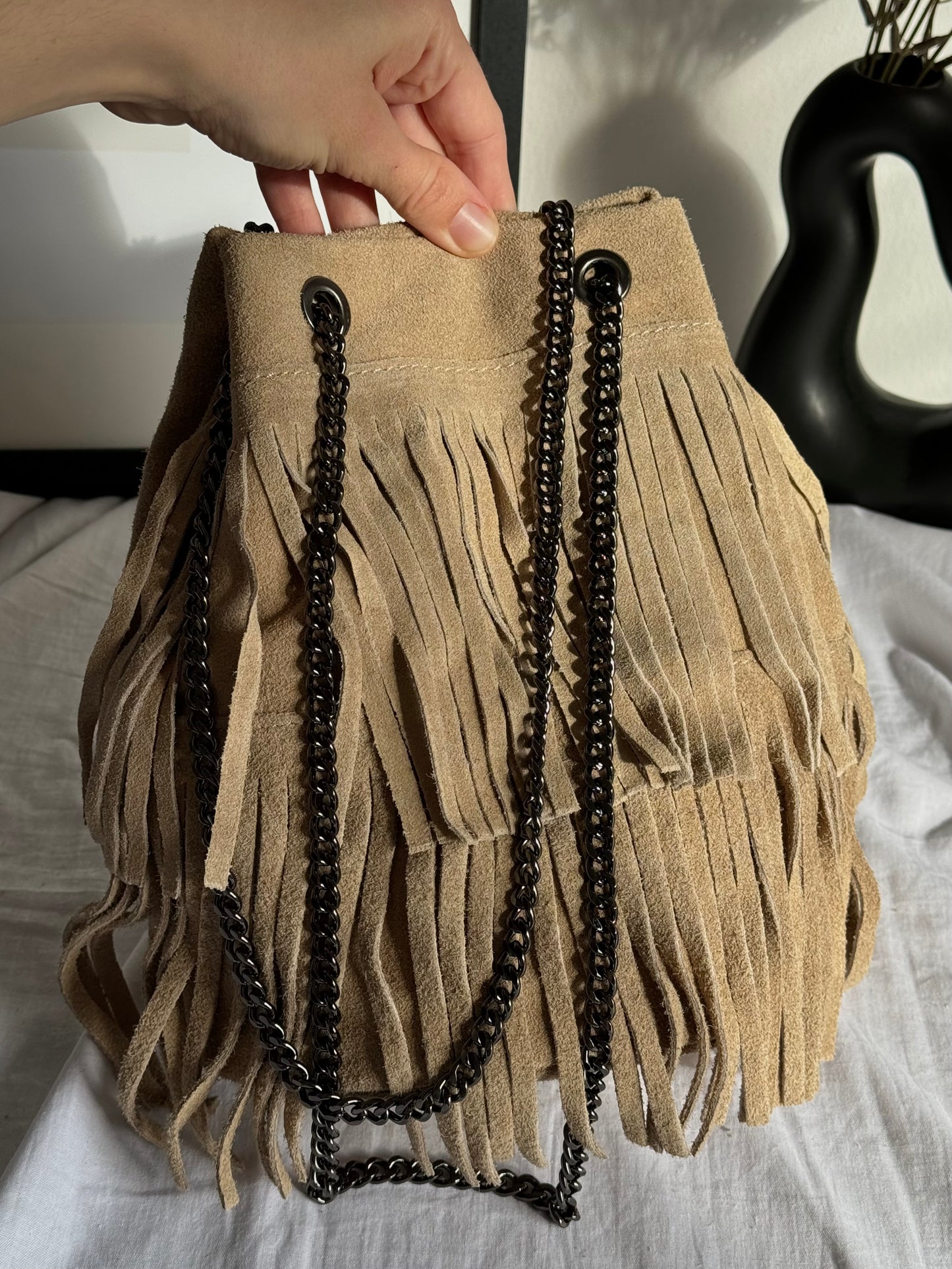 Natural suede hobo bag with fringes, Italy