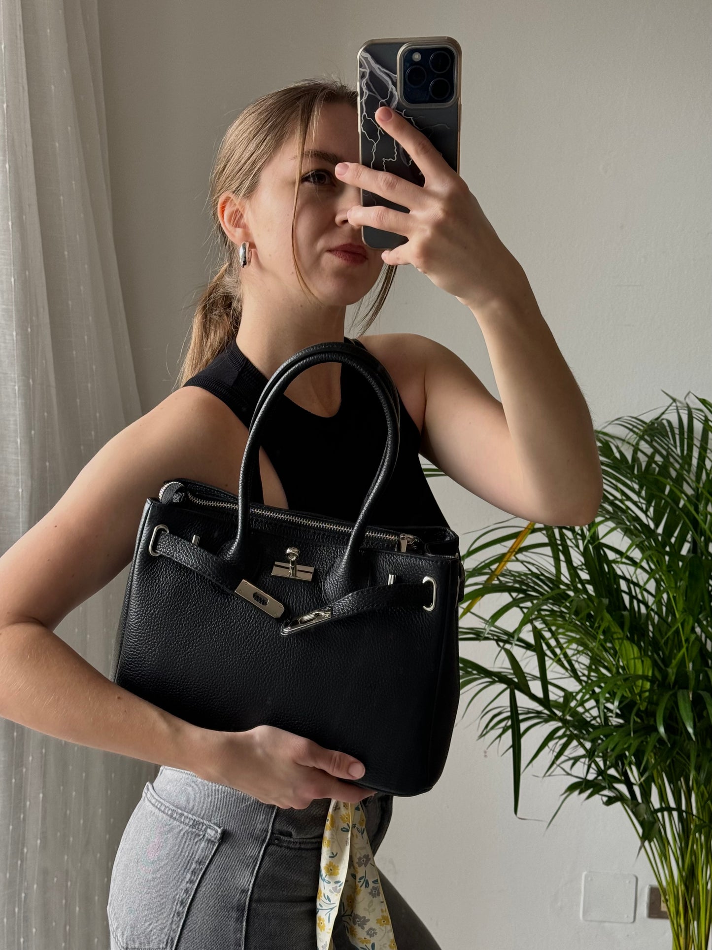 Elegancka czarna shopper torebka z naturalnej skóry, Włochy
