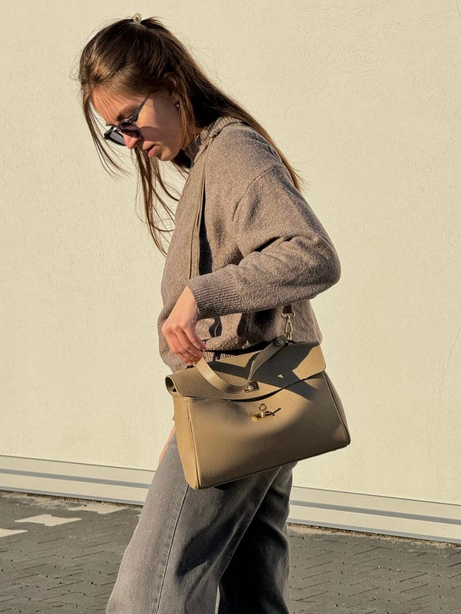 Klasyczna włoska torebka ze skóry – beżowa Satchel torba Shopper