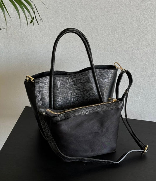 Luksusowa włoska torebka Tote skórzana – klasyczna czerń, shopper 100% skóra naturalna