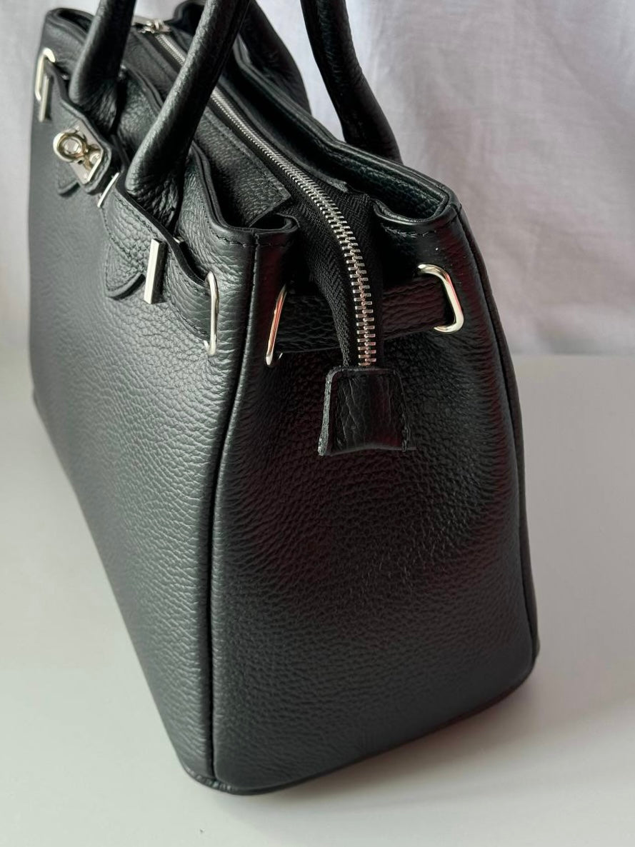 Elegancka czarna shopper torebka z naturalnej skóry, Włochy