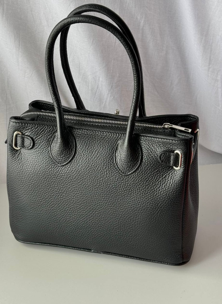 Elegancka czarna shopper torebka z naturalnej skóry, Włochy