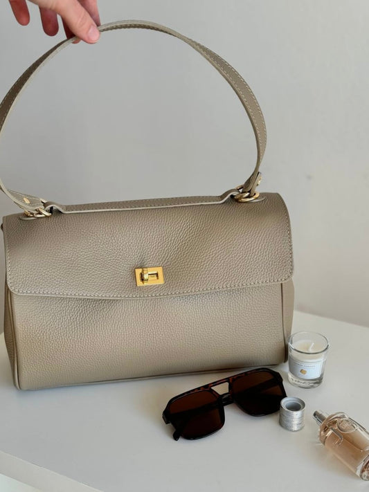 Klasyczna włoska torebka ze skóry – beżowa Satchel torba Shopper