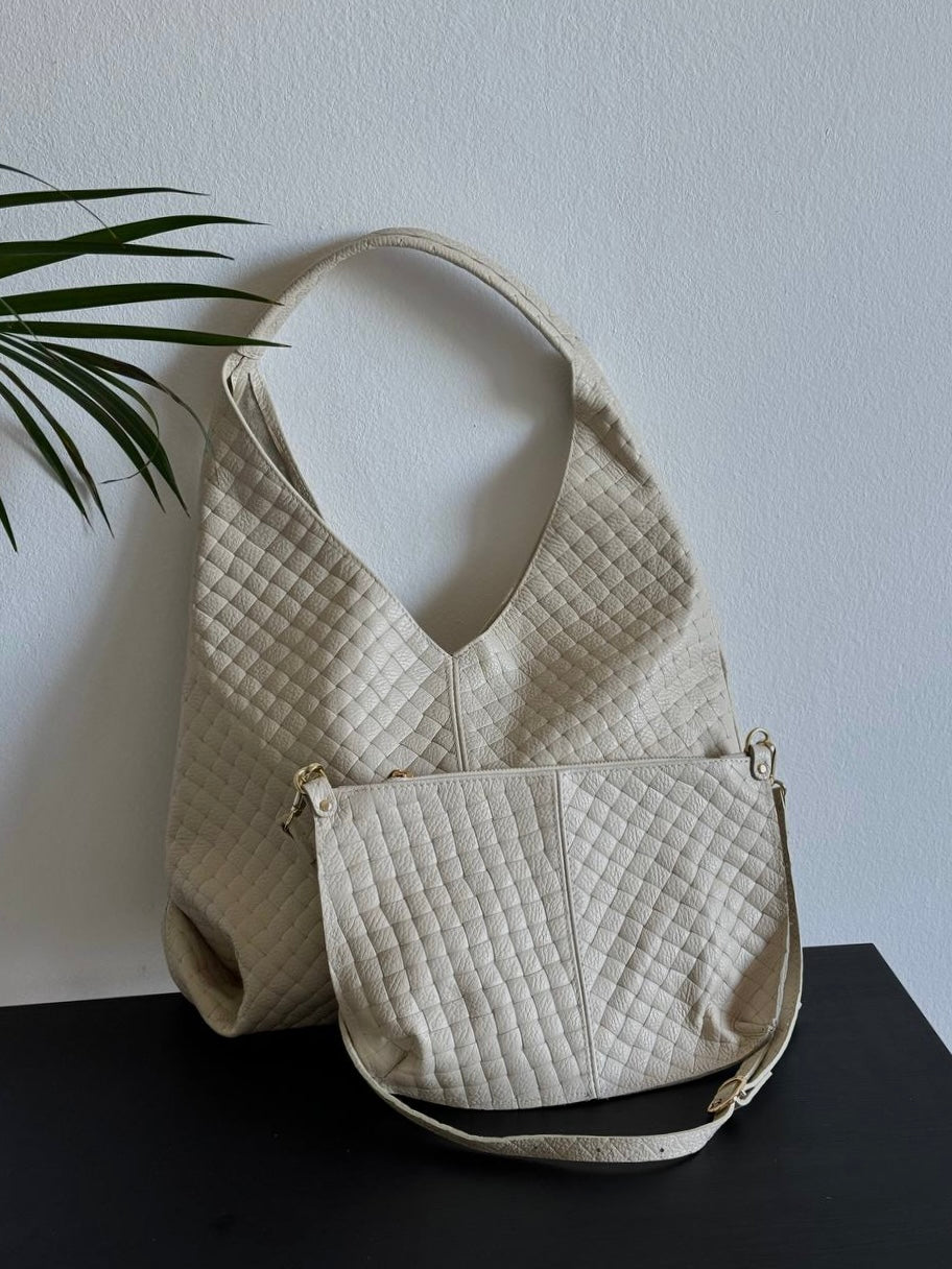 Shopper z plecionej skóry naturalnej z kosmetyczką – Made in Italy