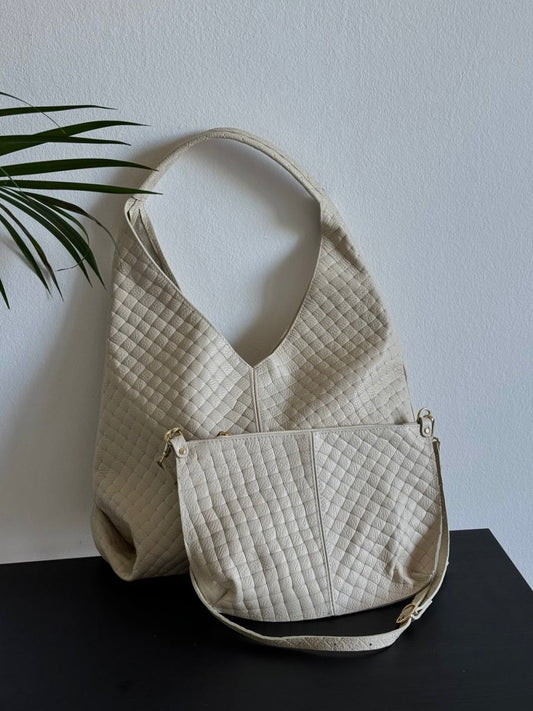 Shopper z plecionej skóry naturalnej z kosmetyczką – Made in Italy