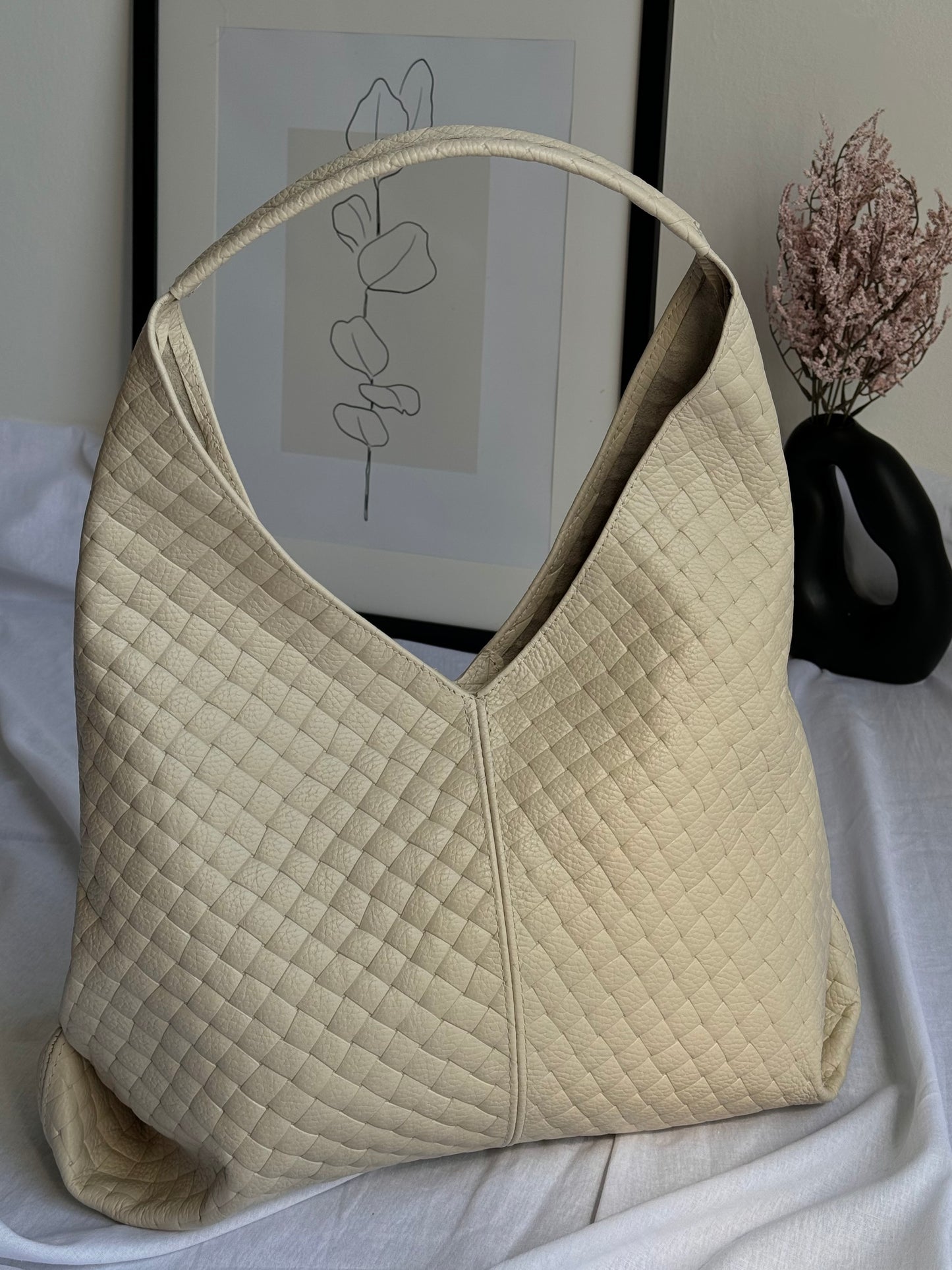 Shopper z plecionej skóry naturalnej z kosmetyczką – Made in Italy