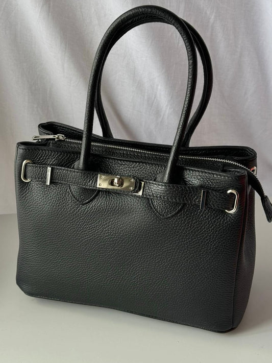 Elegancka czarna shopper torebka z naturalnej skóry, Włochy