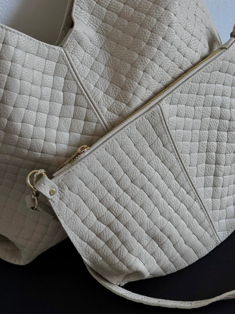 Shopper z plecionej skóry naturalnej z kosmetyczką – Made in Italy